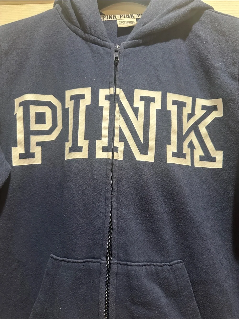 PINK Victoria's Secret Navy Full-Zip Hoodie with White Logo